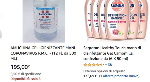 Su Amazon 100 euro per 4 boccette di Amuchina