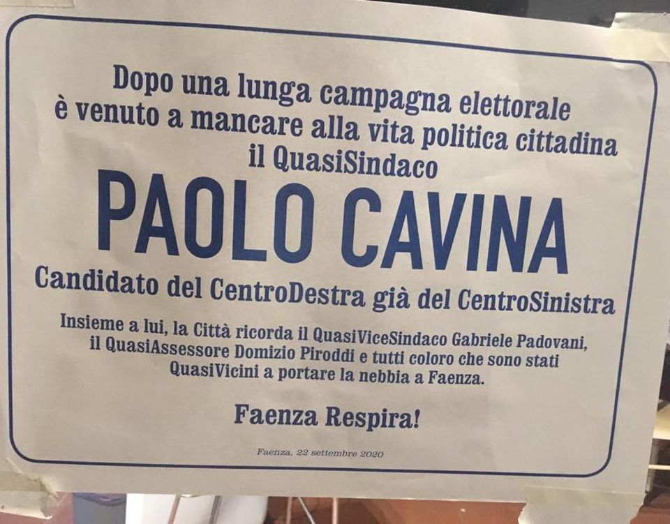Faenza, manifesto funebre per il candidato sindaco sconfitto