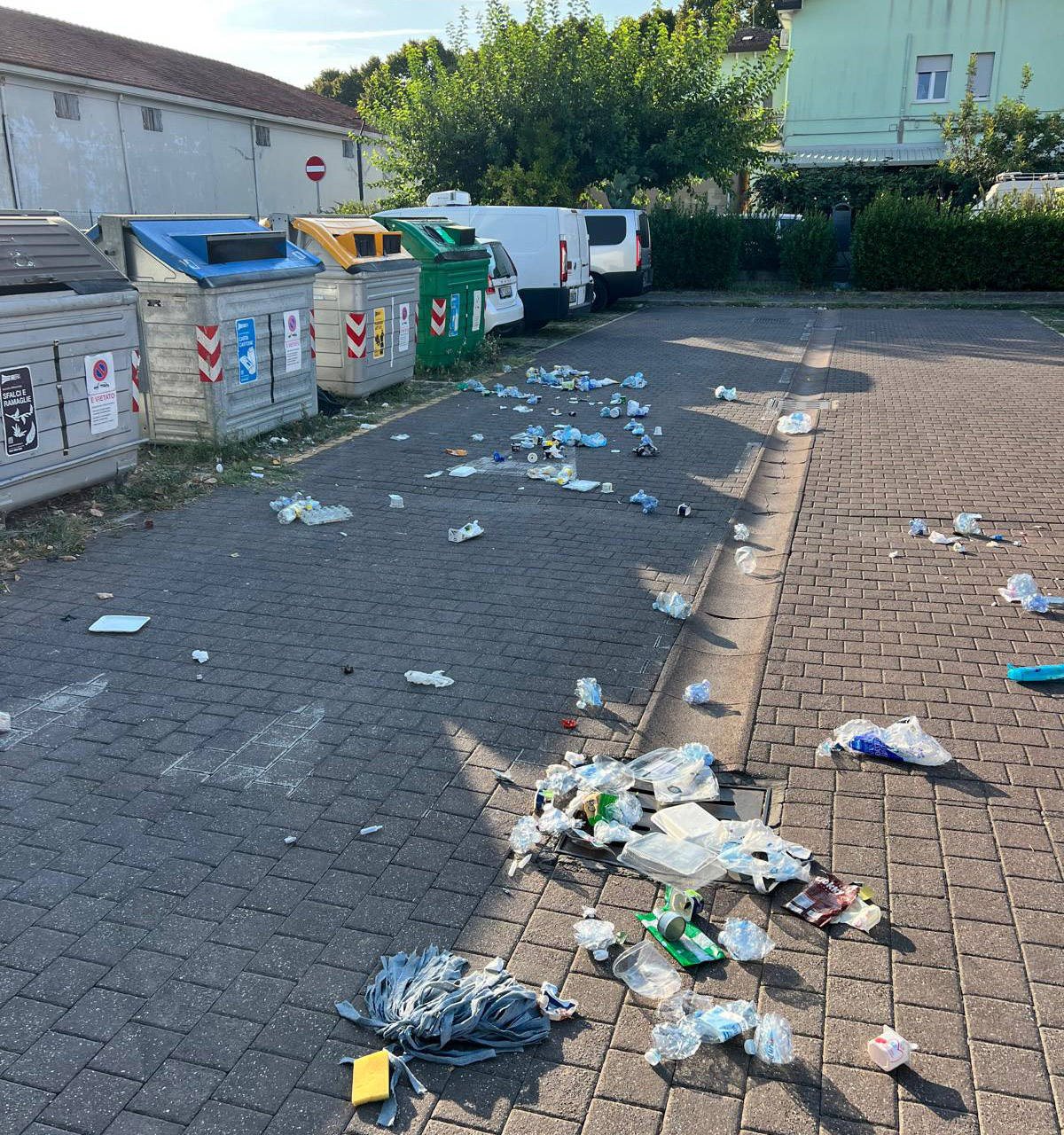 rifiuti sparsi cassonetti parcheggio viale battisti